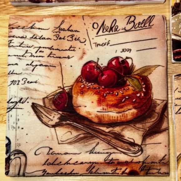 Handmade Vintage Style Fruit and Coffee Ceramic Tile Coasters - Picture 2 of 8